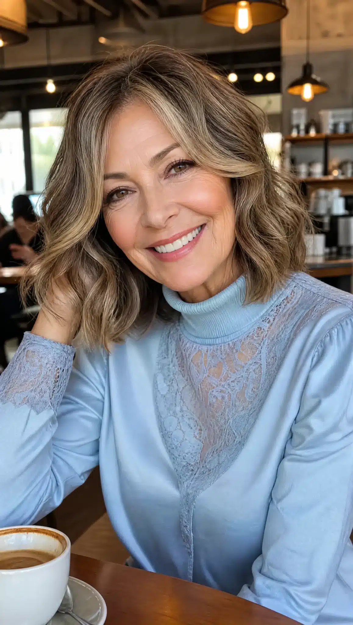 27 Chic Shoulder Length Hairstyles For Women Over 60 29 Air-dried wavy lob with bronde hair displaying 27 chic shoulder length hairstyles for women over 60.