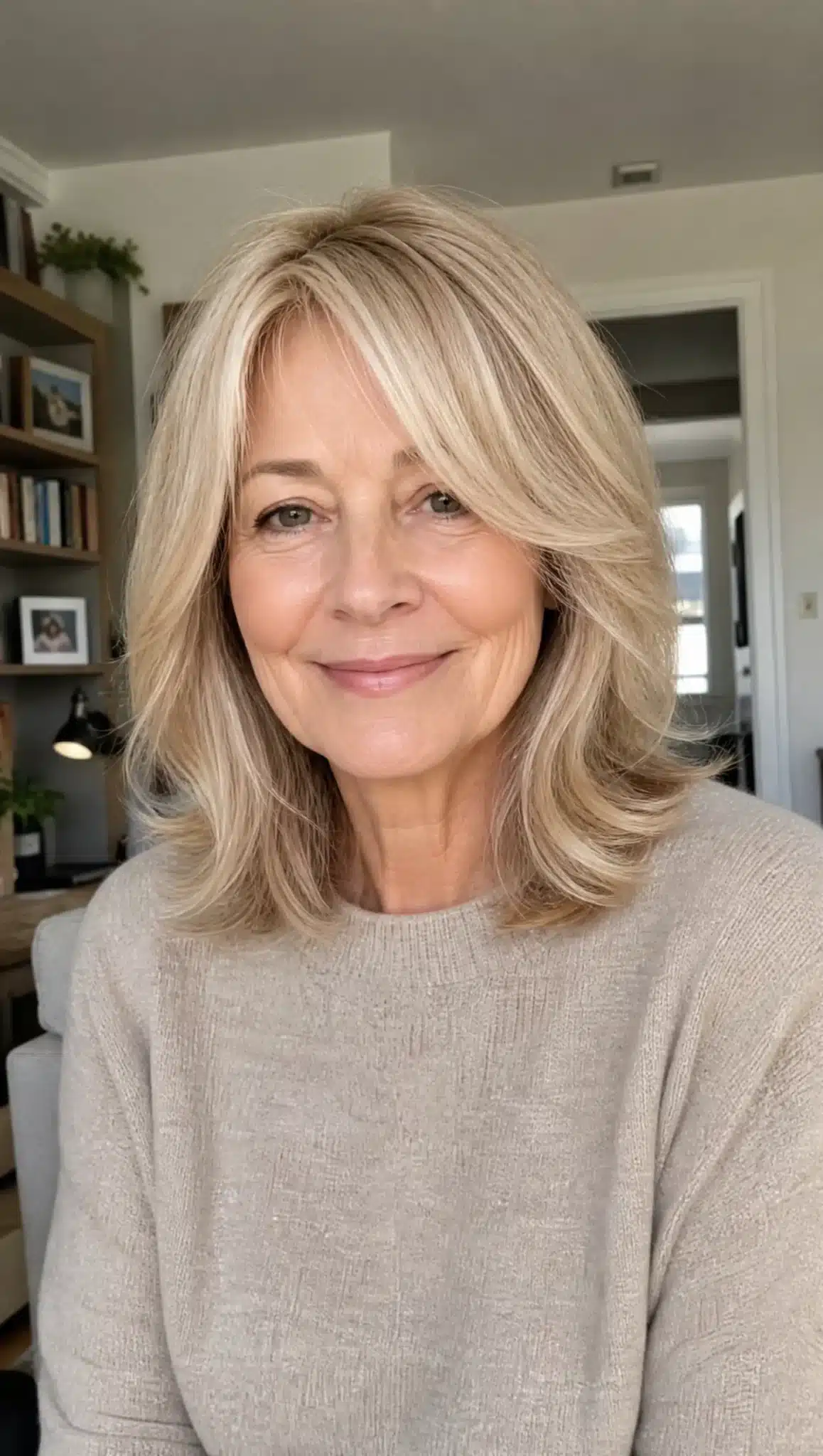 27 Chic Shoulder Length Hairstyles For Women Over 60 4 Layered lob with champagne blonde tones demonstrating 27 chic shoulder length hairstyles for women over 60.