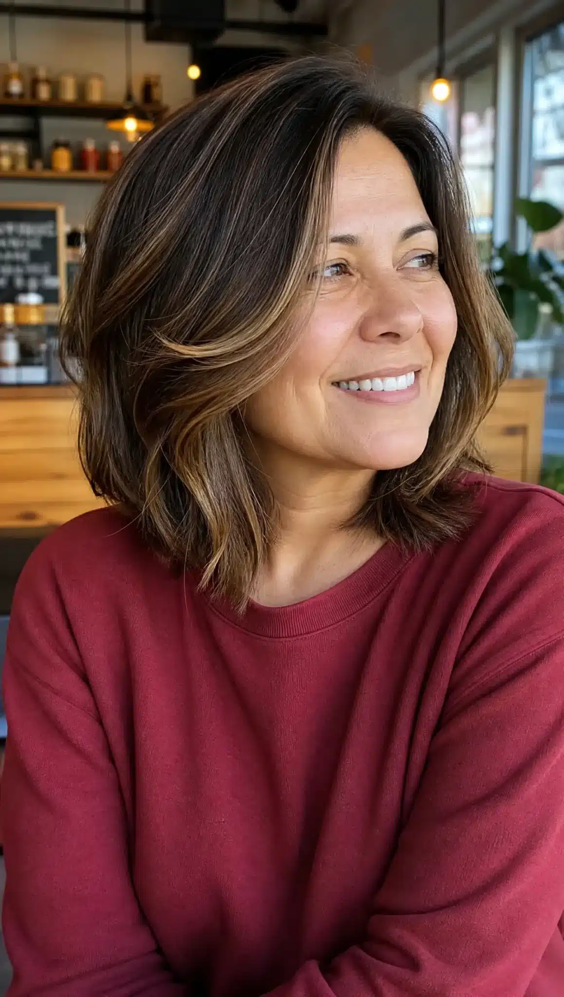 27 Must-See Trendy Hairstyles for Women Over 40 19 16. Face-Framing Lob with Mocha Brown Balayage (Trendy Hairstyles For Women Over 40) - Trendy Hairstyles For Women Over 40