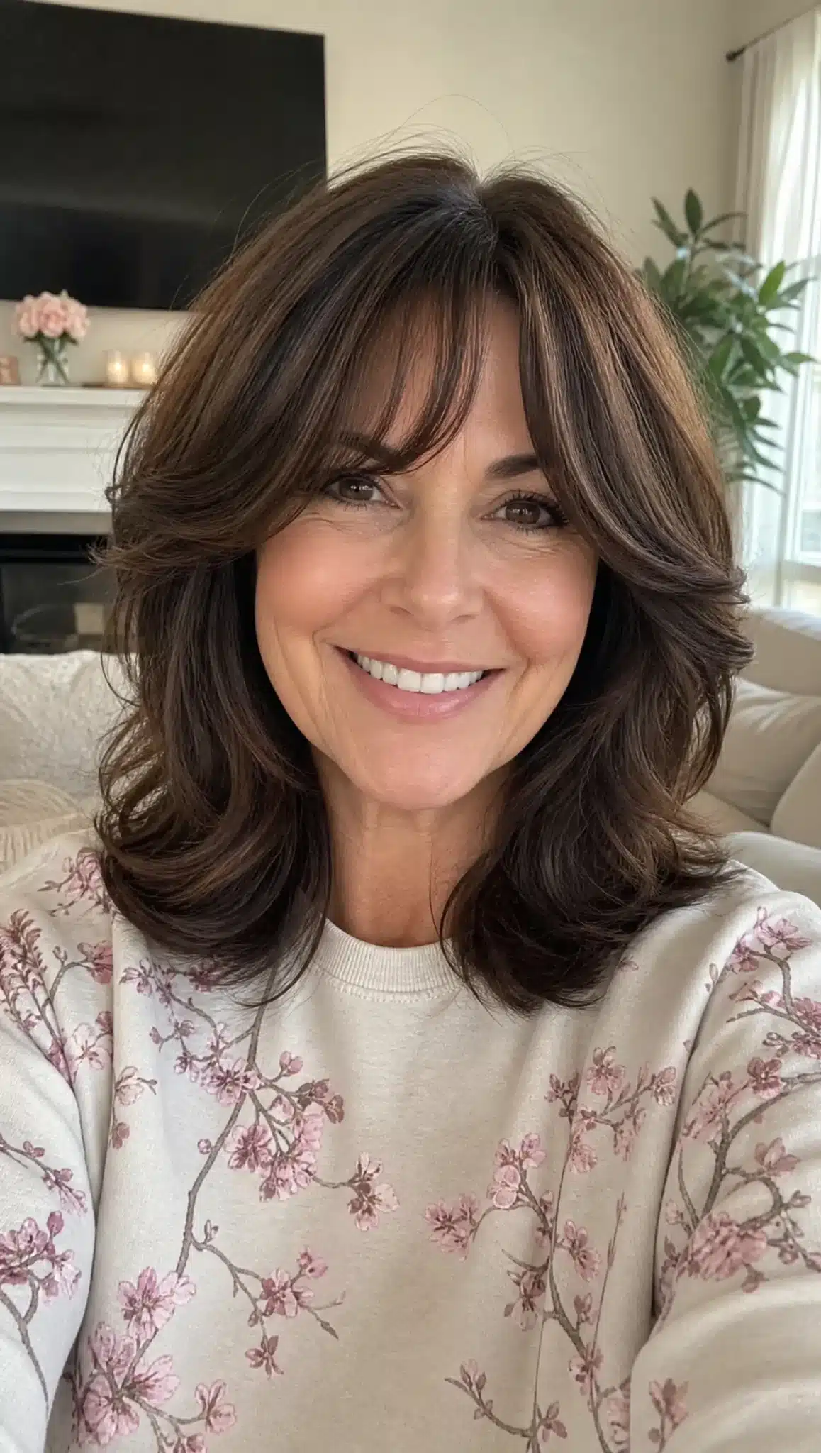 27 Must-See Trendy Hairstyles for Women Over 40 23 20. Curtain Bangs with Medium-Length Chocolate Layers (Trendy Hairstyles For Women Over 40) - Trendy Hairstyles For Women Over 40