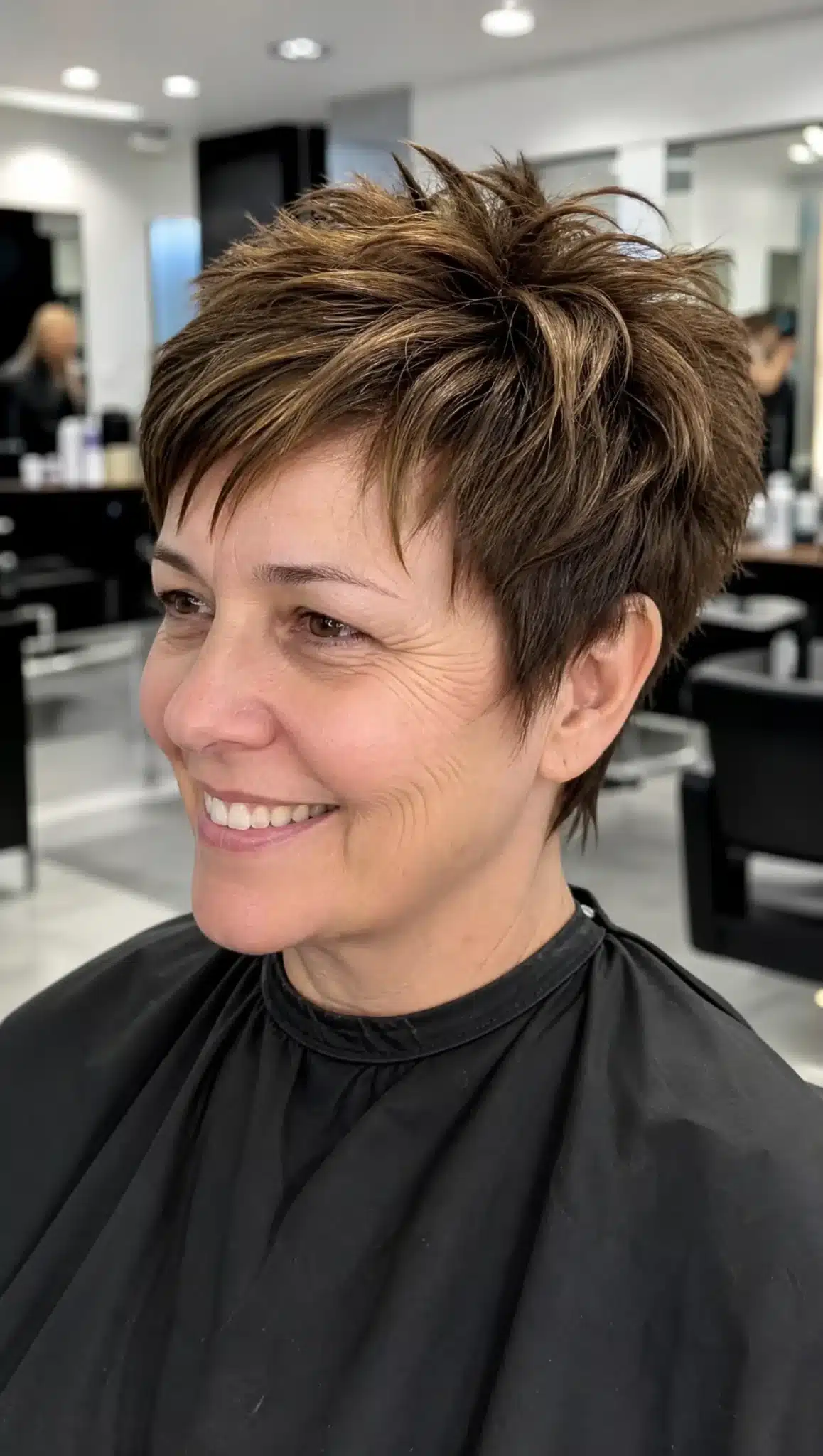 27 Must-See Trendy Hairstyles for Women Over 40 24 21. Choppy Pixie with Warm Brown Highlights (Trendy Hairstyles For Women Over 40) - Trendy Hairstyles For Women Over 40