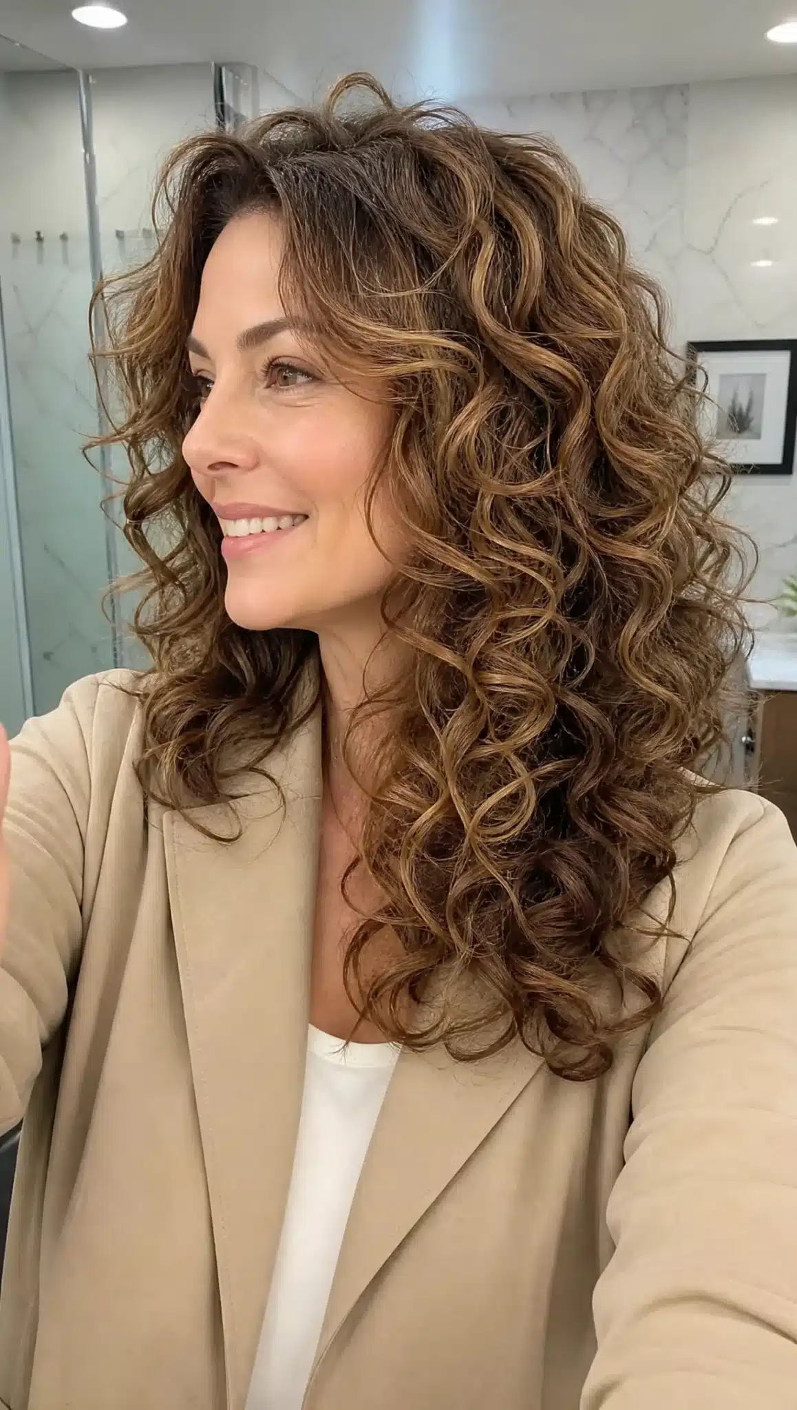 27 Must-See Trendy Hairstyles for Women Over 40 26 23. Layered Curls with Warm Caramel Brown (Trendy Hairstyles For Women Over 40) - Trendy Hairstyles For Women Over 40