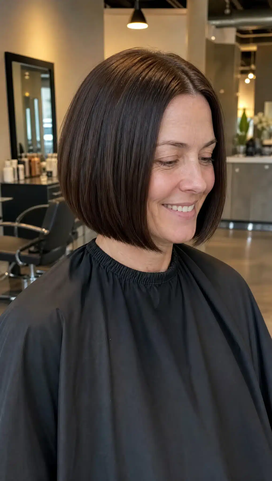 27 Must-See Trendy Hairstyles for Women Over 40 10 7. Blunt Bob with Dark Chocolate Brown (Trendy Hairstyles For Women Over 40) - Trendy Hairstyles For Women Over 40