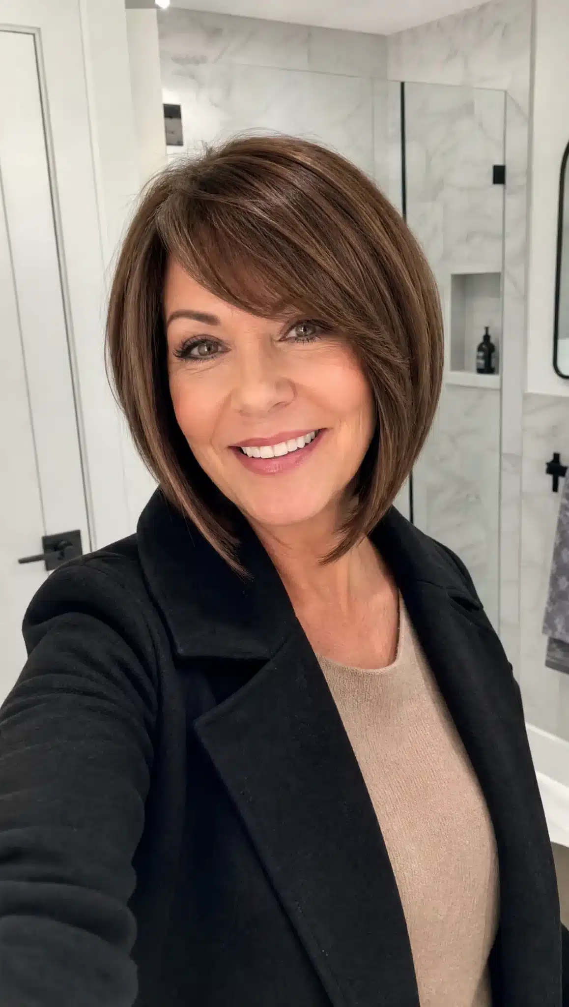 27 Stunning Angled Bob Hairstyles For Older Women 13 Angled bob with side bangs in chestnut brown