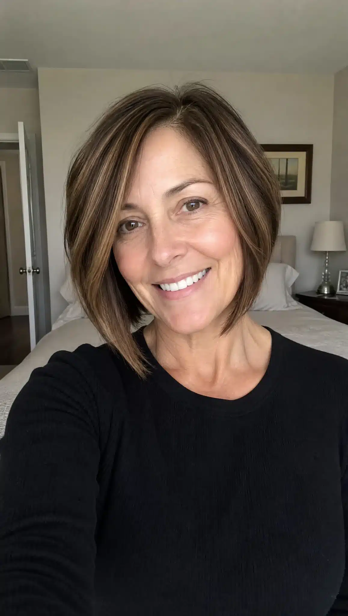 27 Stunning Angled Bob Hairstyles For Older Women 9 Chin-length angled bob with caramel balayage