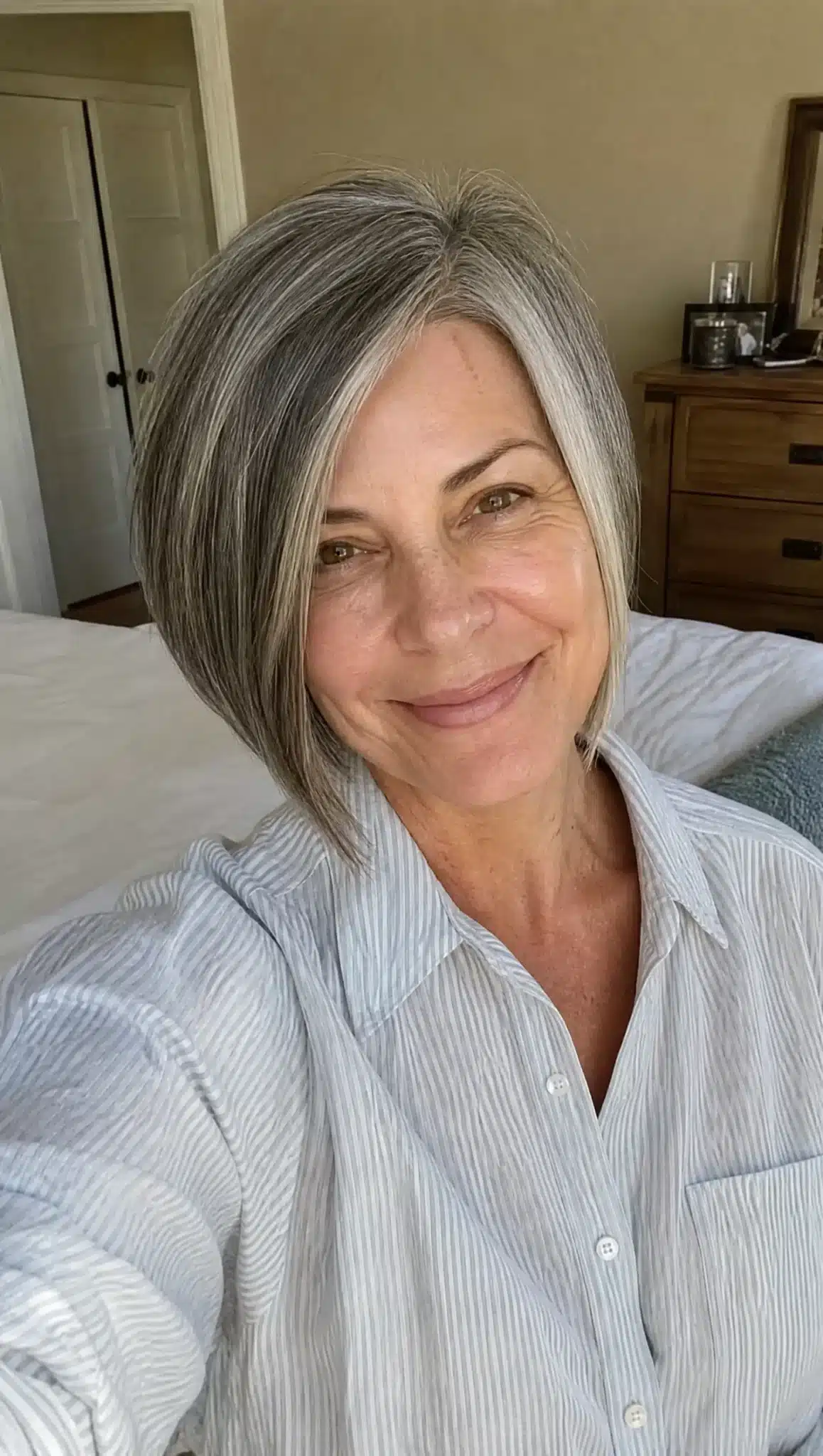 10. Graduated Angled Bob with Salt-and-Pepper (Angled Bob Hairstyles For Women Over 50) - Angled Bob Hairstyles For Women Over 50