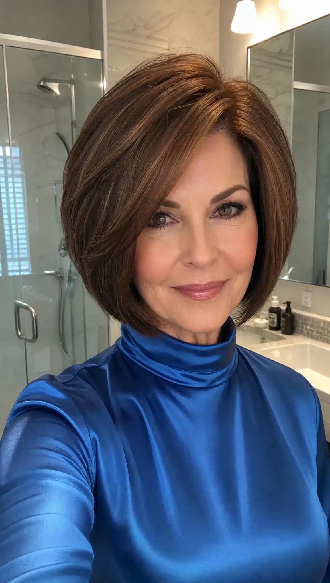 14. Voluminous Angled Bob with Warm Brunette (Angled Bob Hairstyles For Women Over 50) - Angled Bob Hairstyles For Women Over 50