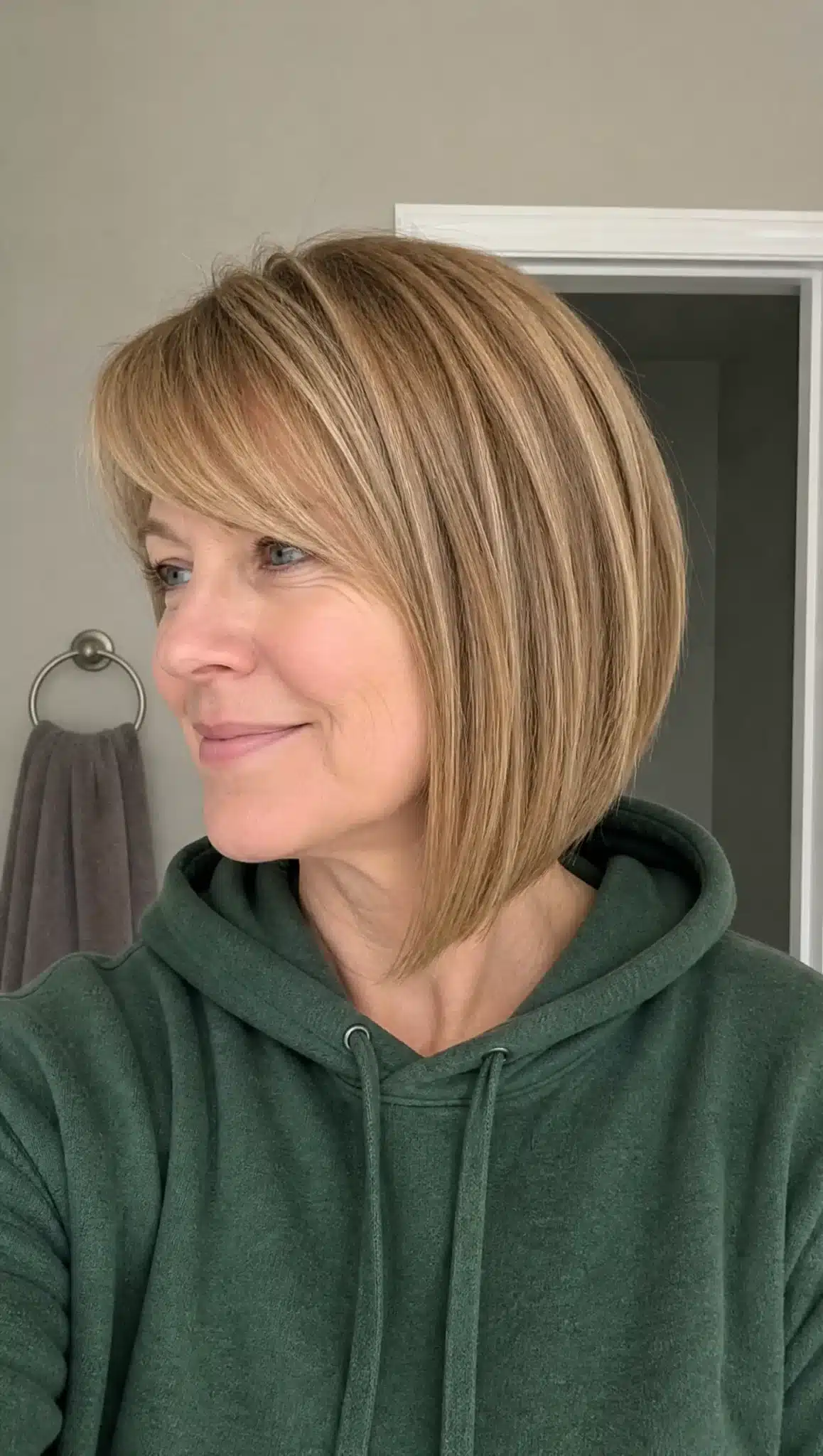 15. Angled Bob with Side Bangs and Dark Blonde (Angled Bob Hairstyles For Women Over 50) - Angled Bob Hairstyles For Women Over 50