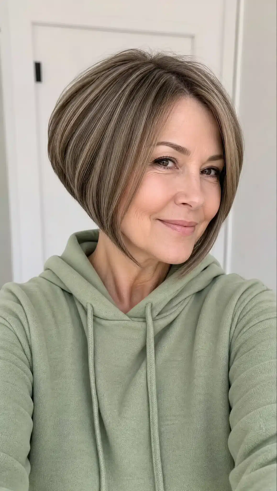 20. Short Stacked Angled Bob with Ash Brown (Angled Bob Hairstyles For Women Over 50) - Angled Bob Hairstyles For Women Over 50
