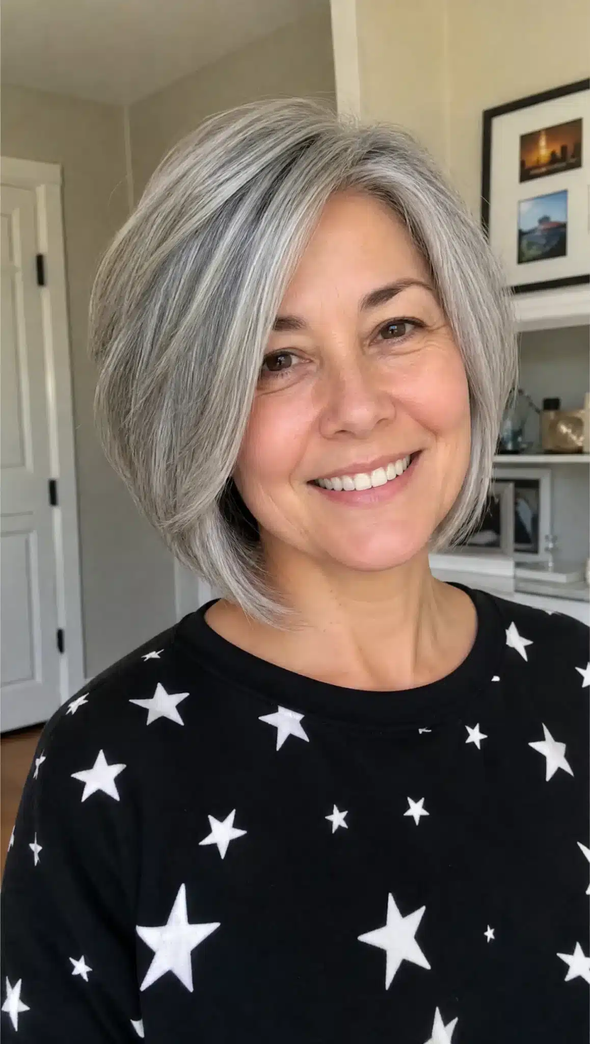 26. Airy Angled Bob with Pearl Gray (Angled Bob Hairstyles For Women Over 50) - Angled Bob Hairstyles For Women Over 50