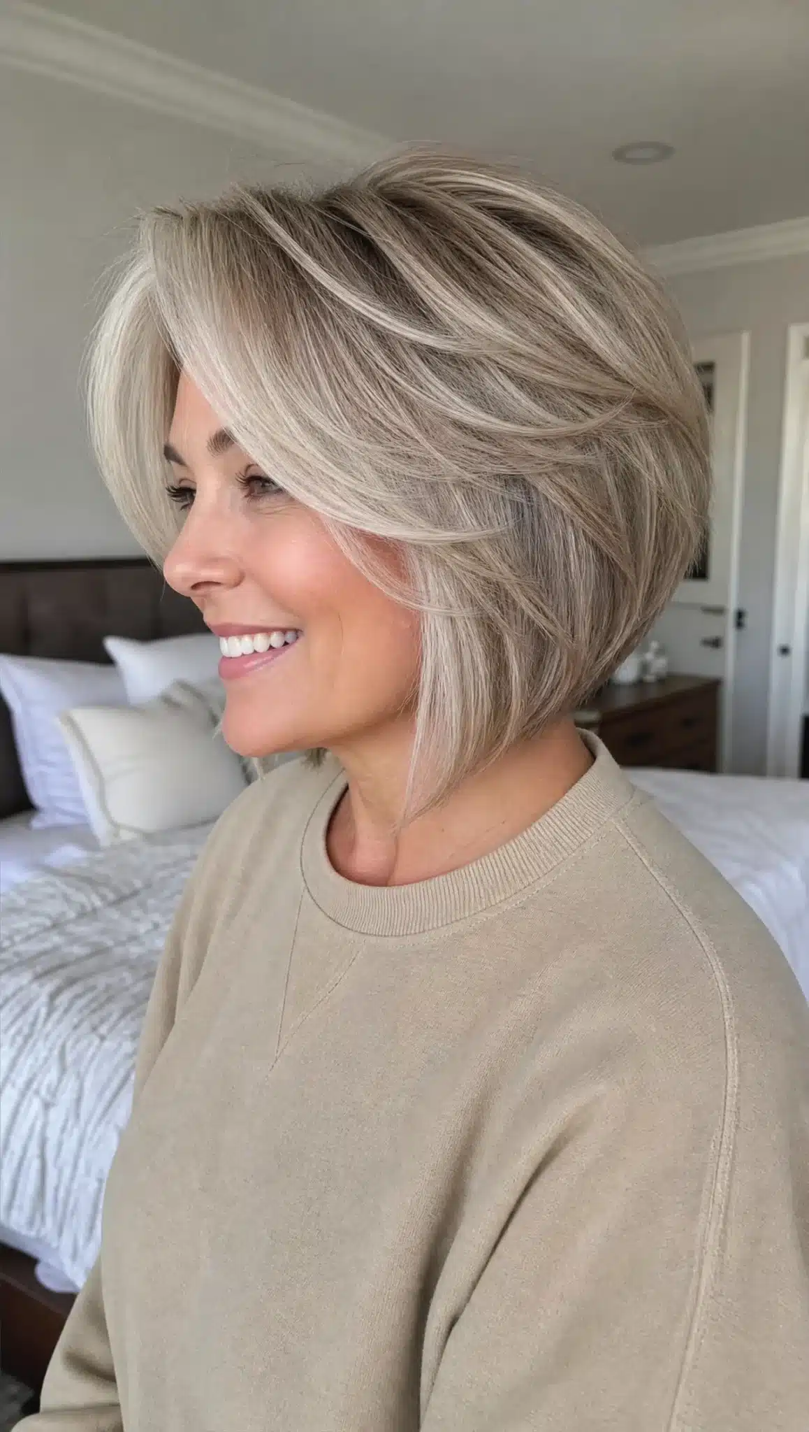 5. Feathered Angled Bob with Ash Blonde (Angled Bob Hairstyles For Women Over 50) - Angled Bob Hairstyles For Women Over 50
