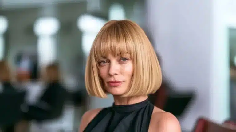 Bob haircuts with bangs shown in a sleek chin-length salon style