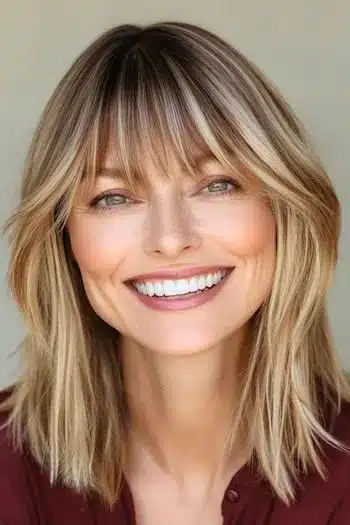 34 Sleek Bob Haircuts With Bangs That Feel Fresh and On-Trend 15 Long highlighted bob with piecey bangs on a smiling woman, showcased in 34 Sleek Bob Haircuts With Bangs That Are Totally On-Trend.