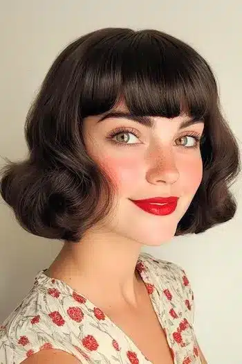34 Sleek Bob Haircuts With Bangs That Feel Fresh and On-Trend 16 Vintage curled bob with full bangs on a smiling woman, part of 34 Sleek Bob Haircuts With Bangs That Are Totally On-Trend.
