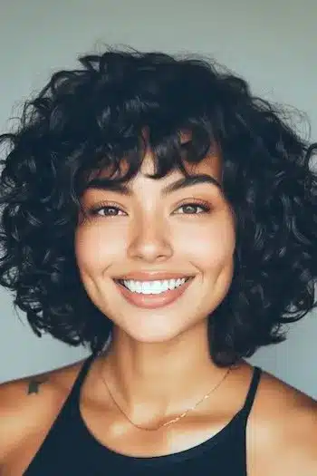 34 Sleek Bob Haircuts With Bangs That Feel Fresh and On-Trend 17 Curly layered bob with bangs on a smiling woman, featured in 34 Sleek Bob Haircuts With Bangs That Are Totally On-Trend.