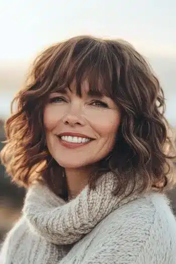 34 Sleek Bob Haircuts With Bangs That Feel Fresh and On-Trend 18 Tousled layered lob with shaggy bangs on a smiling woman, showcased in 34 Sleek Bob Haircuts With Bangs That Are Totally On-Trend.