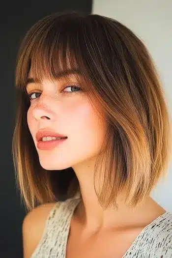 34 Sleek Bob Haircuts With Bangs That Feel Fresh and On-Trend 19 Ombre long bob with bangs on a smiling woman, part of 34 Sleek Bob Haircuts With Bangs That Are Totally On-Trend.