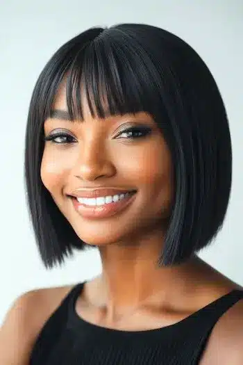 34 Sleek Bob Haircuts With Bangs That Feel Fresh and On-Trend 20 Chin-length blunt bob with piecey bangs on a smiling woman, featured in 34 Sleek Bob Haircuts With Bangs That Are Totally On-Trend.