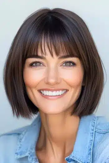 34 Sleek Bob Haircuts With Bangs That Feel Fresh and On-Trend 21 Straight bob with bangs on a smiling woman, showcased in 34 Sleek Bob Haircuts With Bangs That Are Totally On-Trend.