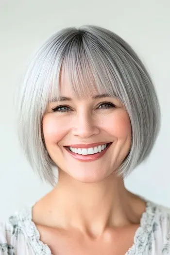 34 Sleek Bob Haircuts With Bangs That Feel Fresh and On-Trend 22 Rounded bob with blunt bangs on a smiling woman, part of 34 Sleek Bob Haircuts With Bangs That Are Totally On-Trend.