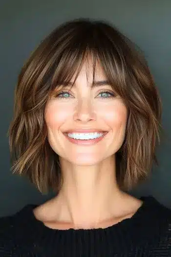 34 Sleek Bob Haircuts With Bangs That Feel Fresh and On-Trend 23 Choppy long bob with bangs on a smiling woman, featured in 34 Sleek Bob Haircuts With Bangs That Are Totally On-Trend.