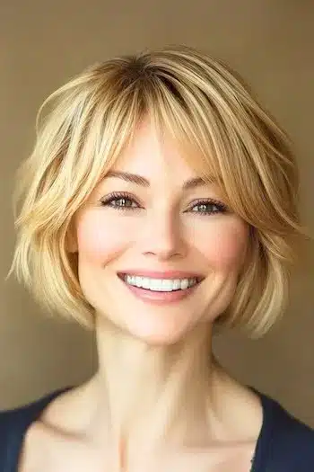 34 Sleek Bob Haircuts With Bangs That Feel Fresh and On-Trend 25 Layered Chin-Length Bob with Bangs Haircut on a smiling woman with honey blonde hair.