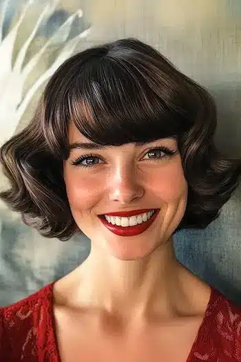 34 Sleek Bob Haircuts With Bangs That Feel Fresh and On-Trend 26 Retro Bob with Curved Bangs Haircut on a smiling woman with brown hair.