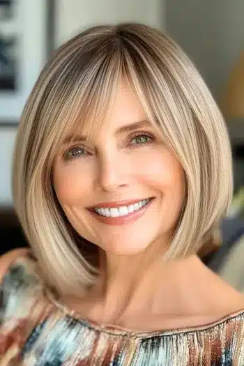 34 Sleek Bob Haircuts With Bangs That Feel Fresh and On-Trend 27 A-Line Bob with Side-Swept Bangs Haircut on a smiling woman with blonde hair.