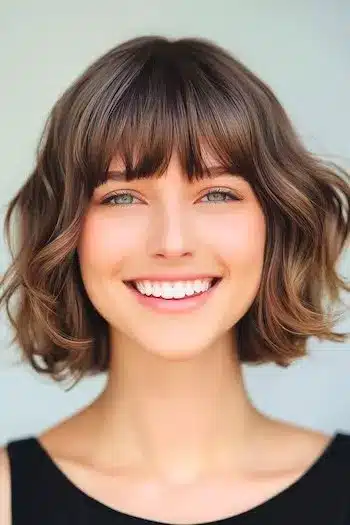 34 Sleek Bob Haircuts With Bangs That Feel Fresh and On-Trend 28 Textured Wavy Bob with Bangs Haircut on a smiling woman with brown hair.