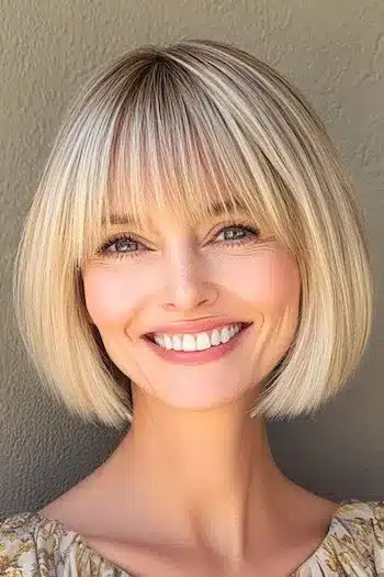 34 Sleek Bob Haircuts With Bangs That Feel Fresh and On-Trend 30 Blonde Wispy Bob with Bangs Haircut on a smiling woman with blonde hair.