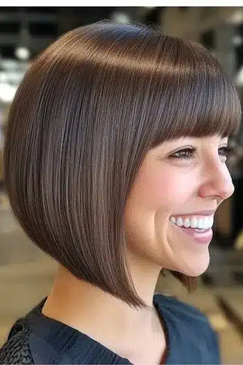 34 Sleek Bob Haircuts With Bangs That Feel Fresh and On-Trend 31 Tapered Bob with Full Bangs Haircut on a smiling woman with brown hair, side view.