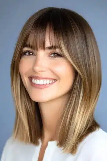 34 Sleek Bob Haircuts With Bangs That Feel Fresh and On-Trend 32 Straight Ombre Lob with Bangs Haircut on a smiling woman with brown hair and blonde ends.
