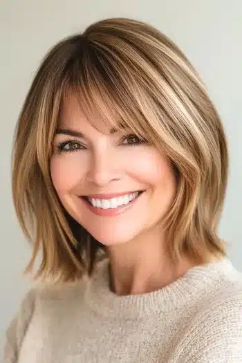 34 Sleek Bob Haircuts With Bangs That Feel Fresh and On-Trend 33 Rounded Long Bob with Bangs Haircut on a smiling woman with brown hair and highlights.