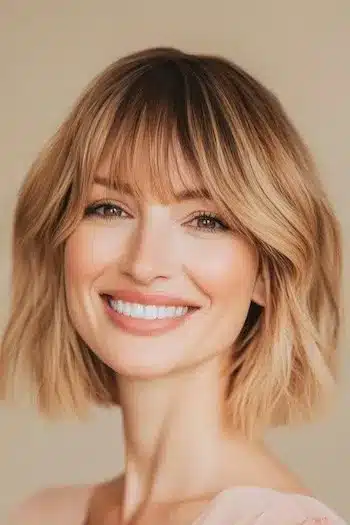 34 Sleek Bob Haircuts With Bangs That Feel Fresh and On-Trend 34 Tousled Blunt Bob with Bangs Haircut on a smiling woman with blondish brown hair.