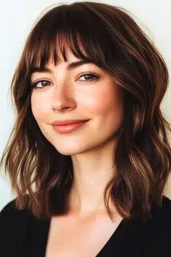 34 Sleek Bob Haircuts With Bangs That Feel Fresh and On-Trend 5 Wavy long bob with bangs on a smiling woman, showcased in 34 Sleek Bob Haircuts With Bangs That Are Totally On-Trend.