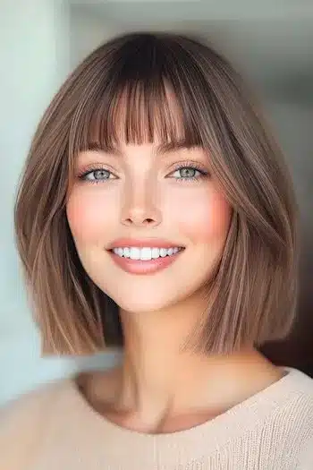34 Sleek Bob Haircuts With Bangs That Feel Fresh and On-Trend 6 Blunt bob with piecey bangs on a smiling woman, included in 34 Sleek Bob Haircuts With Bangs That Are Totally On-Trend.