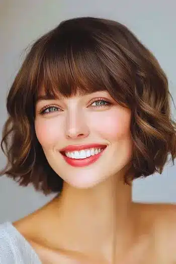 34 Sleek Bob Haircuts With Bangs That Feel Fresh and On-Trend 7 Chin-length wavy bob with bangs on a smiling woman, part of 34 Sleek Bob Haircuts With Bangs That Are Totally On-Trend.
