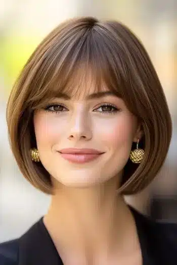 34 Sleek Bob Haircuts With Bangs That Feel Fresh and On-Trend 8 Classic bob with wispy bangs on a smiling woman, featured in 34 Sleek Bob Haircuts With Bangs That Are Totally On-Trend.