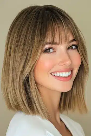 34 Sleek Bob Haircuts With Bangs That Feel Fresh and On-Trend 9 Blunt long bob with wispy bangs on a smiling woman, showcased in 34 Sleek Bob Haircuts With Bangs That Are Totally On-Trend.