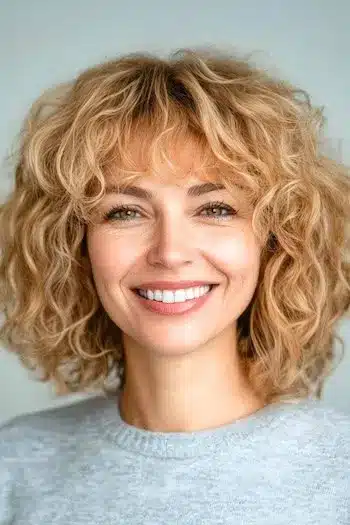 34 Sleek Bob Haircuts With Bangs That Feel Fresh and On-Trend 10 Shaggy long curly bob with bangs on a smiling woman, part of 34 Sleek Bob Haircuts With Bangs That Are Totally On-Trend.
