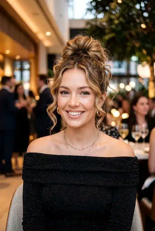 20 Beautiful Sweet 16 Hairstyles for an Unforgettable Night 6 Messy Bun with Curled Tendrils - 20 sweet 16 hairstyles