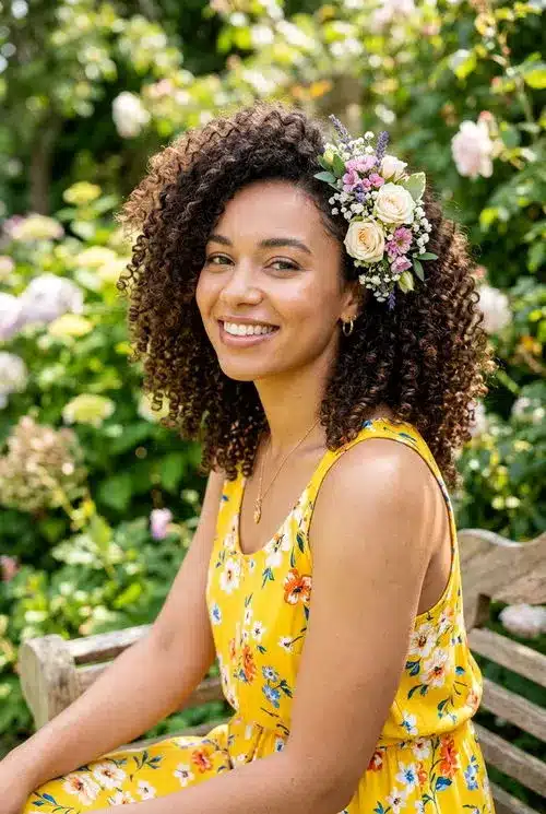 20 Beautiful Sweet 16 Hairstyles for an Unforgettable Night 10 Natural Curls with a Floral Accessory - 20 sweet 16 hairstyles