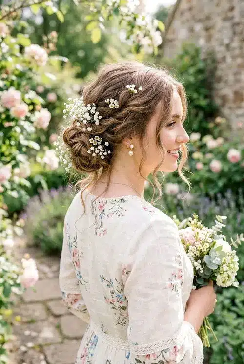 20 Beautiful Sweet 16 Hairstyles for an Unforgettable Night 14 Romantic Chignon with Babys Breath - 20 sweet 16 hairstyles