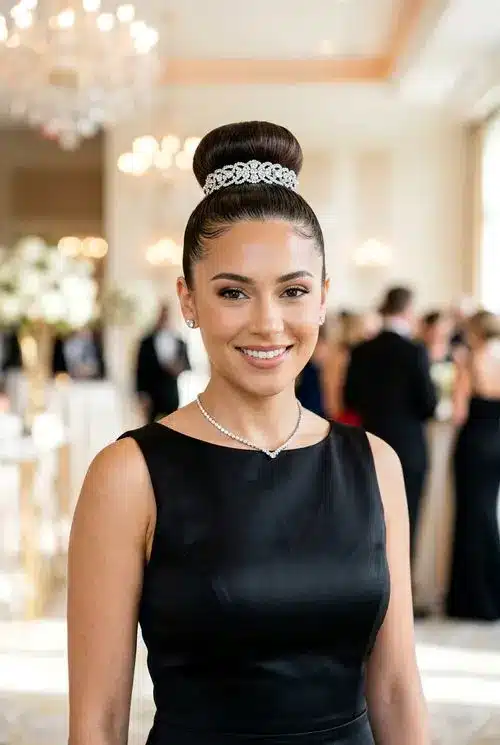 20 Beautiful Sweet 16 Hairstyles for an Unforgettable Night 15 Sleek High Bun with Accessories - 20 sweet 16 hairstyles