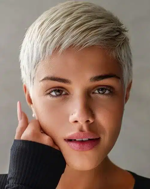 Short and sleek platinum pixie cut for fine hair