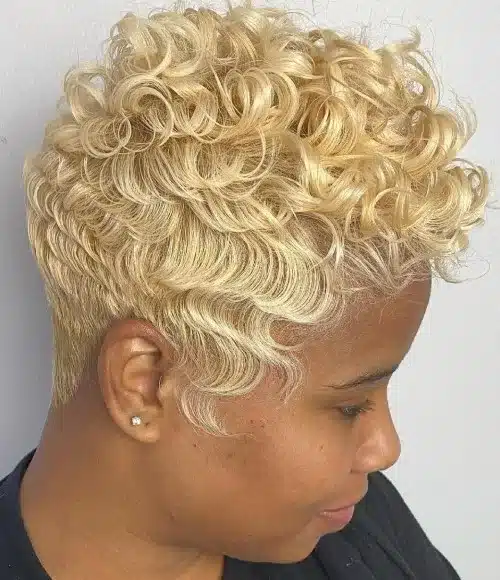 Curly blonde pixie cut