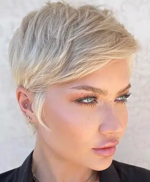 Pixie cut with side-swept bangs for fine hair