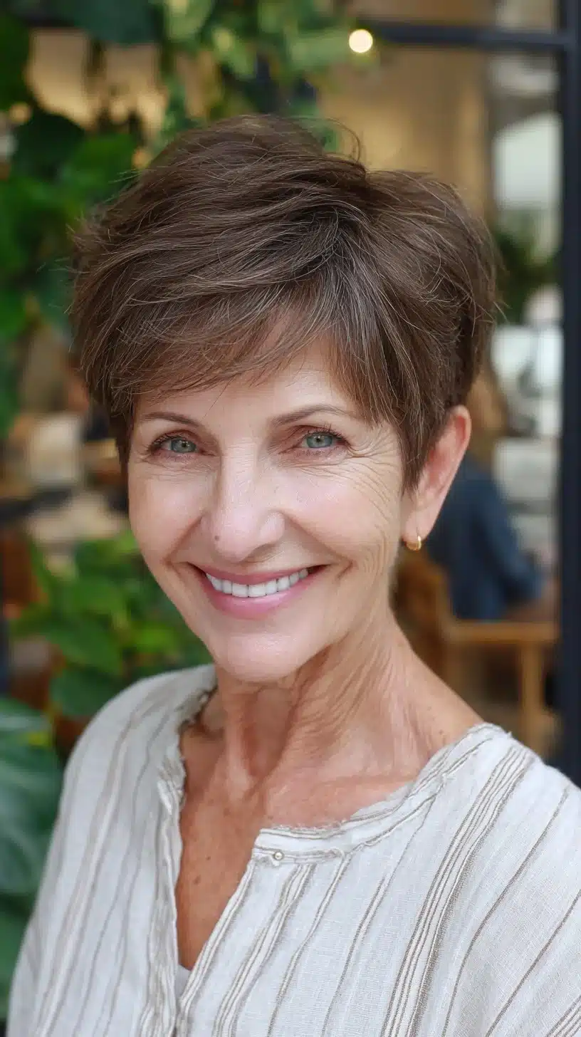 52 Perfect Pixie Haircuts for Women Over 70 to Pull Off 7 Soft Brown Pixie with Lifted Crown and Salt-and-Pepper Dimension