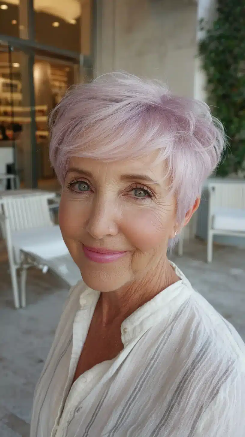 52 Perfect Pixie Haircuts for Women Over 70 to Pull Off 8 Pastel Lilac Feathered Pixie with Soft Crown Lift