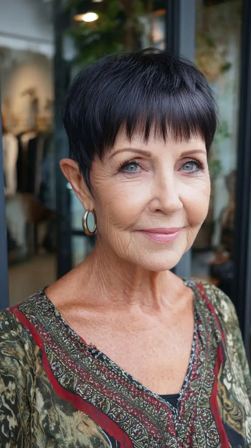 52 Perfect Pixie Haircuts for Women Over 70 to Pull Off 11 Jet-Black Pixie with Chopped Micro-Fringe and Tapered Nape